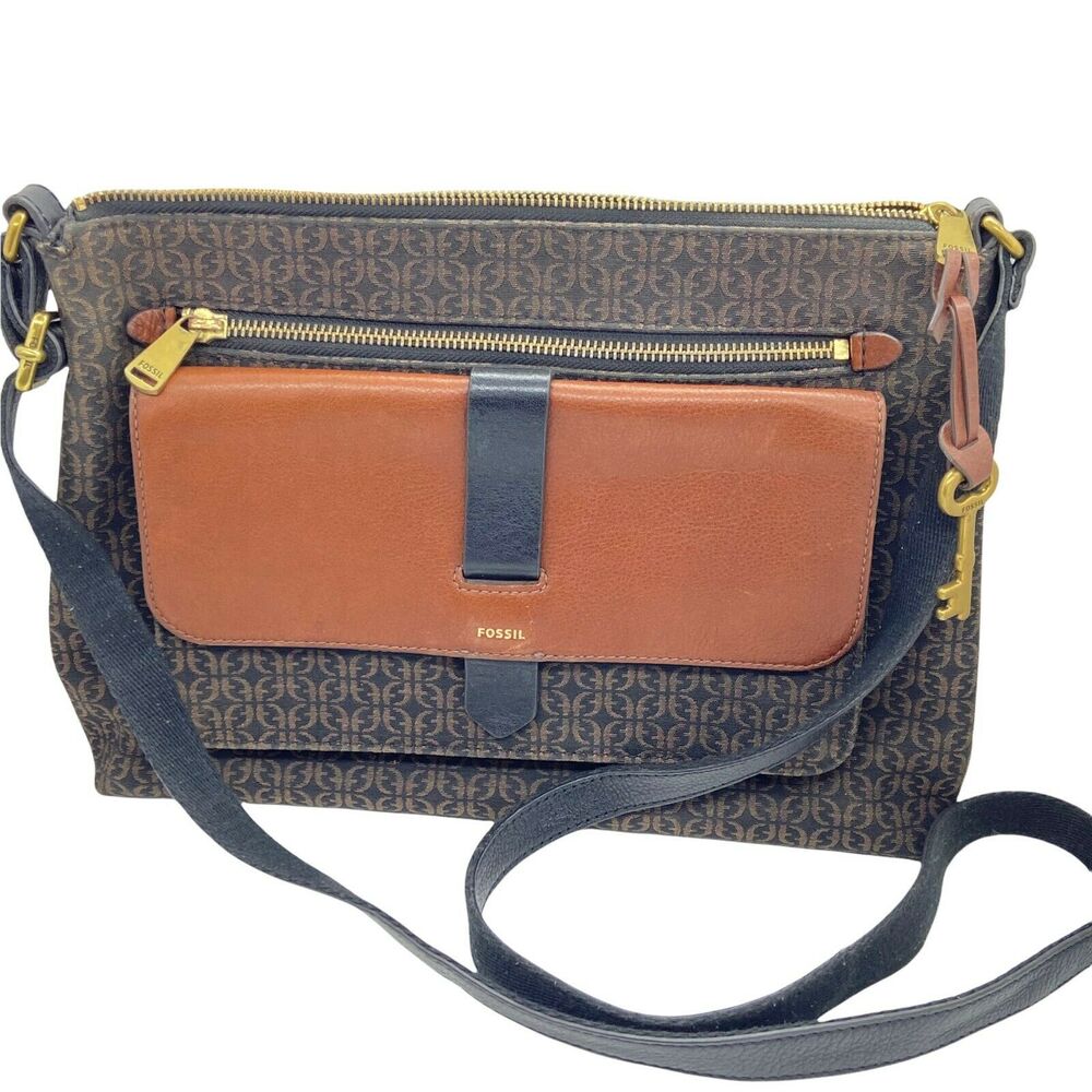 Fossil Handbag Purse Kinley ZB7734 Womens Black Brown Inner Pockets Crossbody